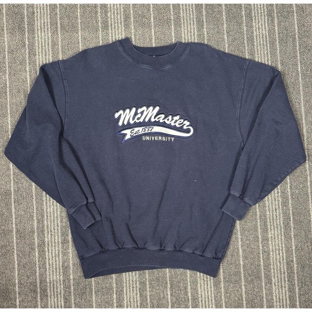 Mc‎ Masters University sweater Mens Large Blue Embroidered Vintage 90s scripts